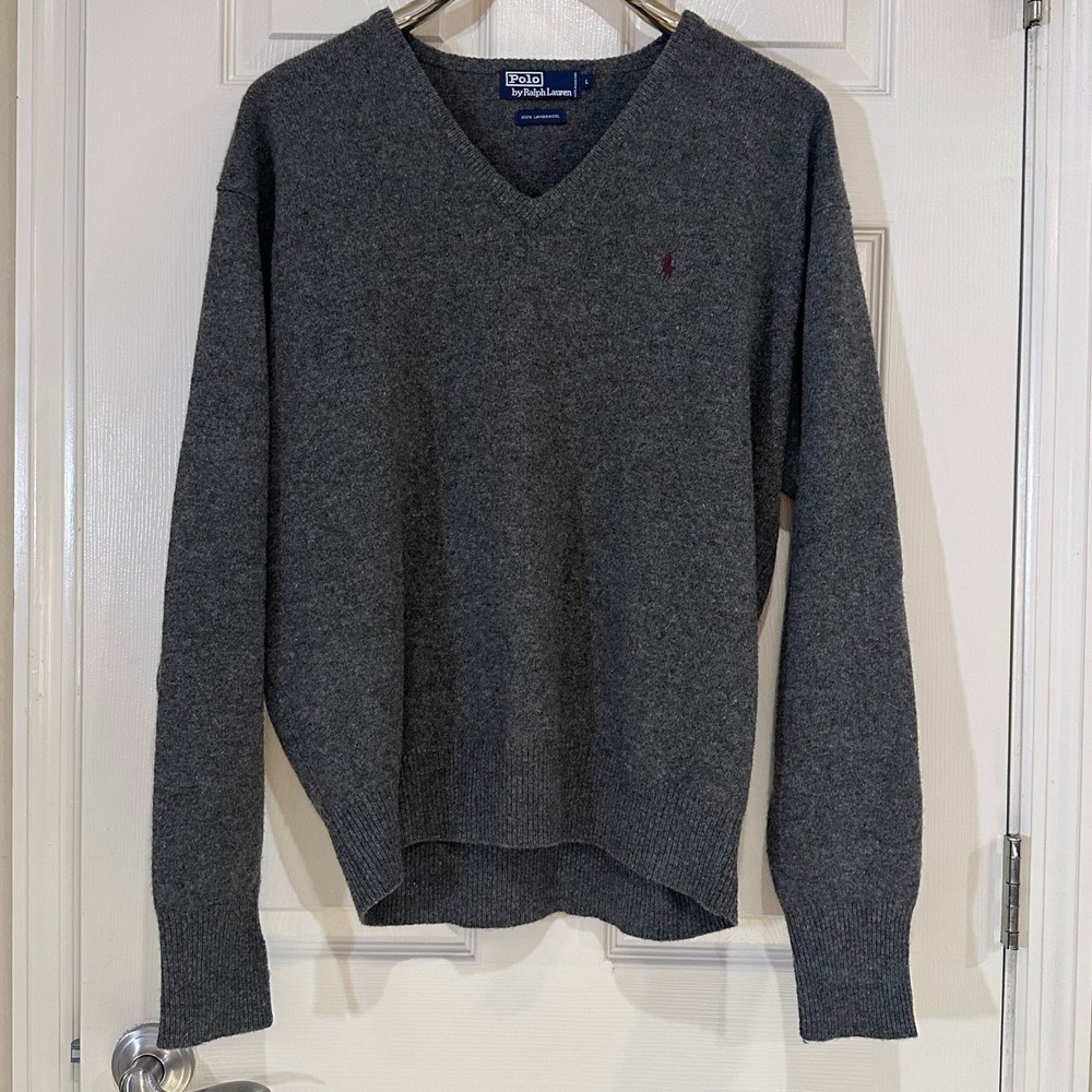Polo Ralph Lauren Mens V-Neck Sweater Grey 100% Lambswool Pony Logo Large